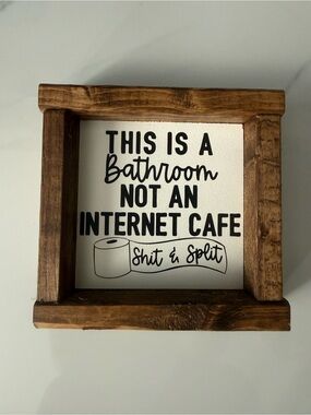 Wood Frame Bathroom Wall Sign - Brown and White